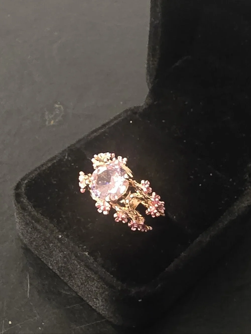 Pink Crystal Cherry Blossom Branch Ring Rose Gold Plated Flower Size 7